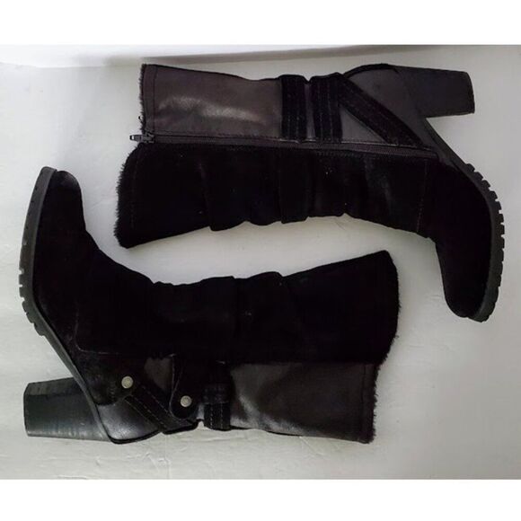 Baretraps Black Faux Fur Lined Suede/Leather Mid-Calf Block Heel Boot Sz 8 Moto - Picture 5 of 11